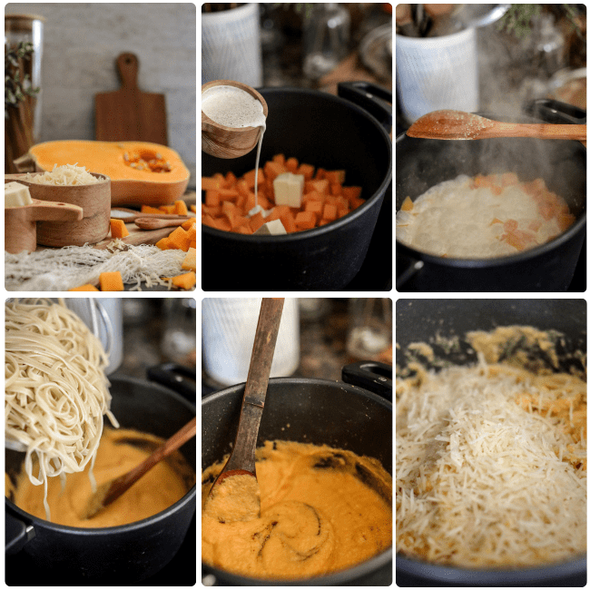 step by step directions on how to make a cream butternut squash alfredo fettuccine pasta dish