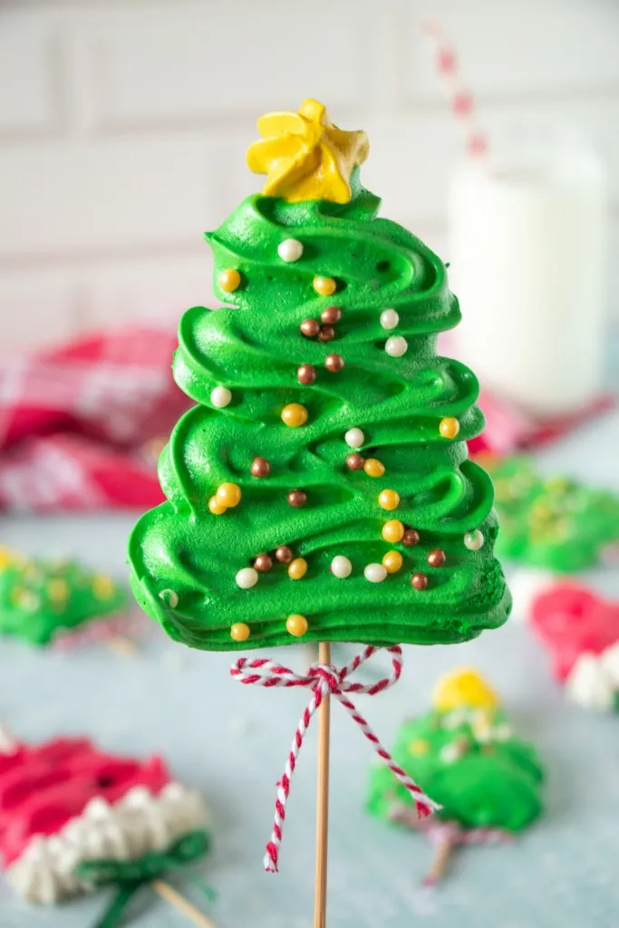 Christmas tree meringue dessert pop decorated with bead candy