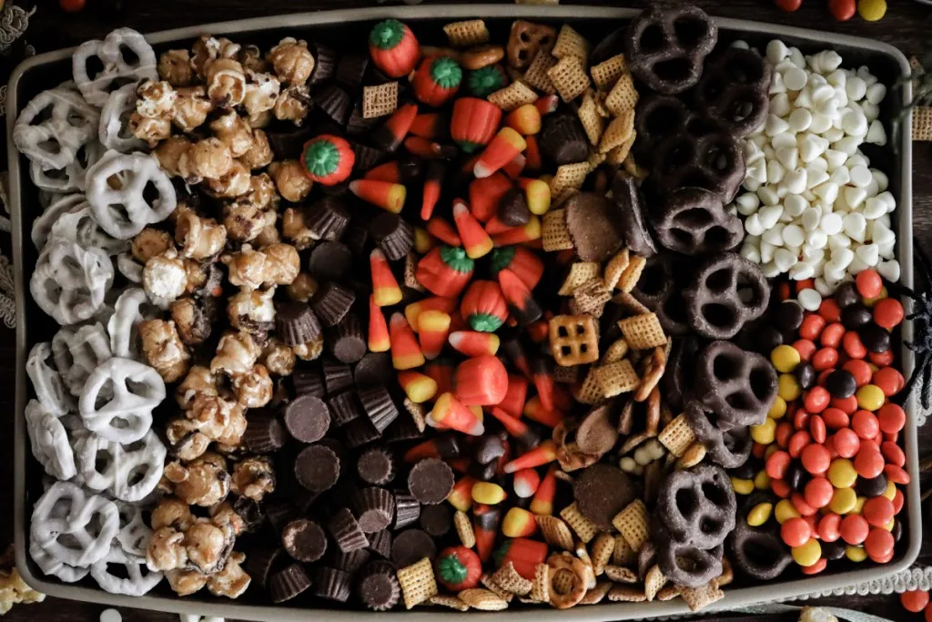 overhead shot of halloween charctuerie board