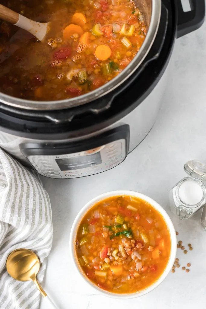 instant pot full of fresh made vegetarian lentil soup