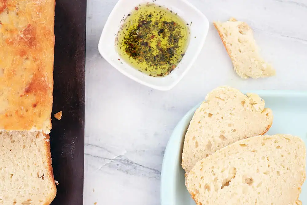 overhead shot of 2 ingredient bread with olive oil