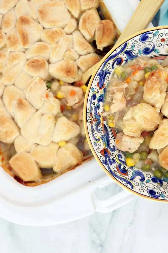 artistic bowl full of slow cooker chicken pot pie