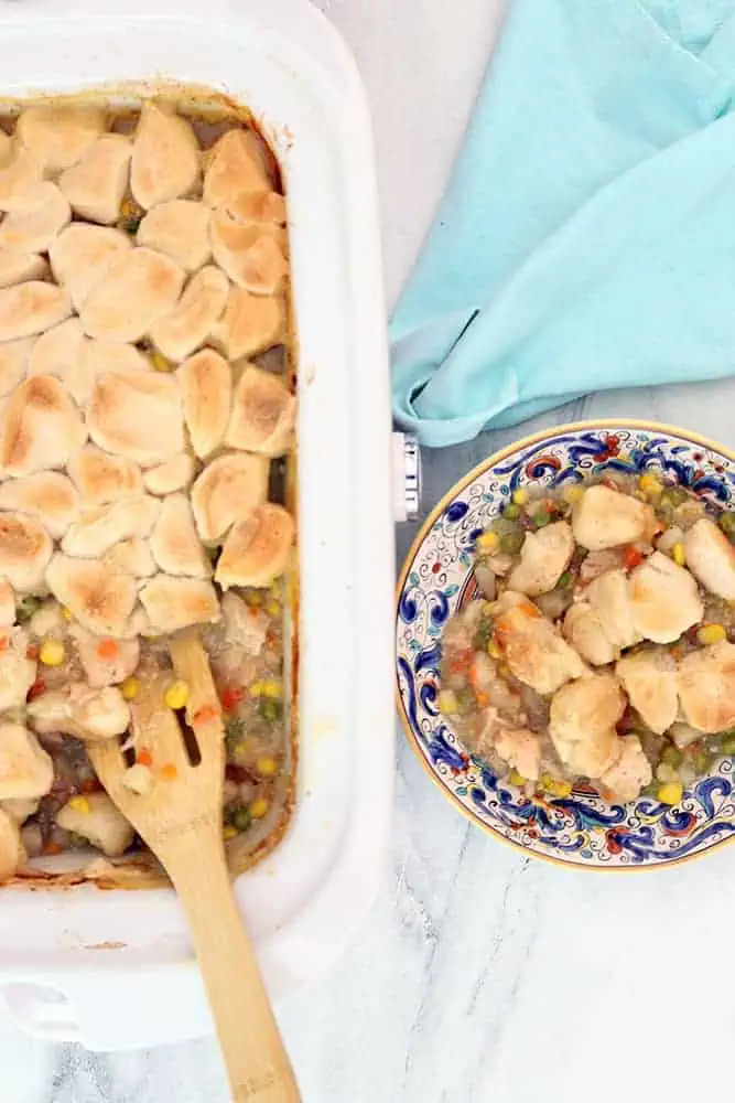 blue floral bowl with a serving of crockpot made chicken pot pie