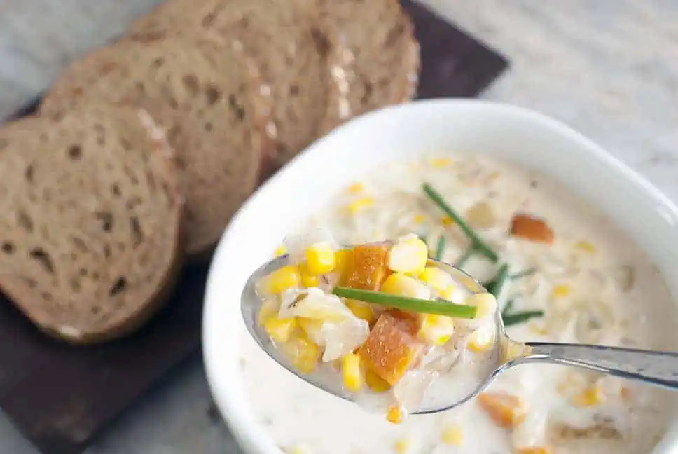 soup spoon full of slow cooker corn chowder