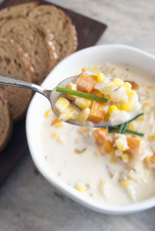 corn chowder on a soup spoon