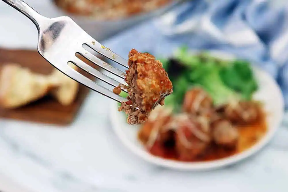 piece of homemade meatballs on a fork