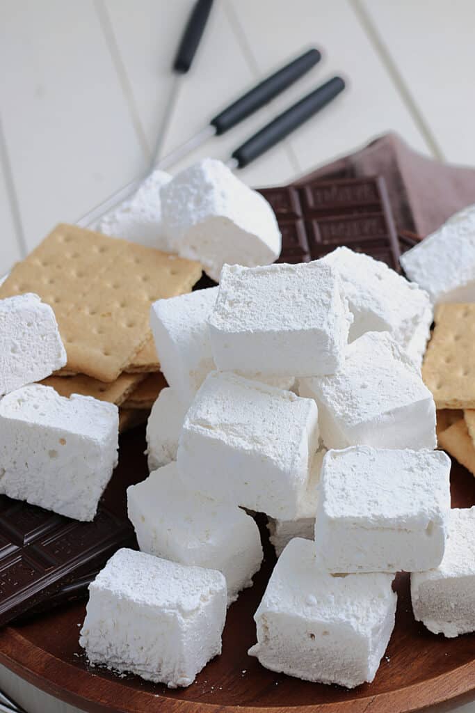 fresh cut marshmallows placed on a s'mores charcuterie board