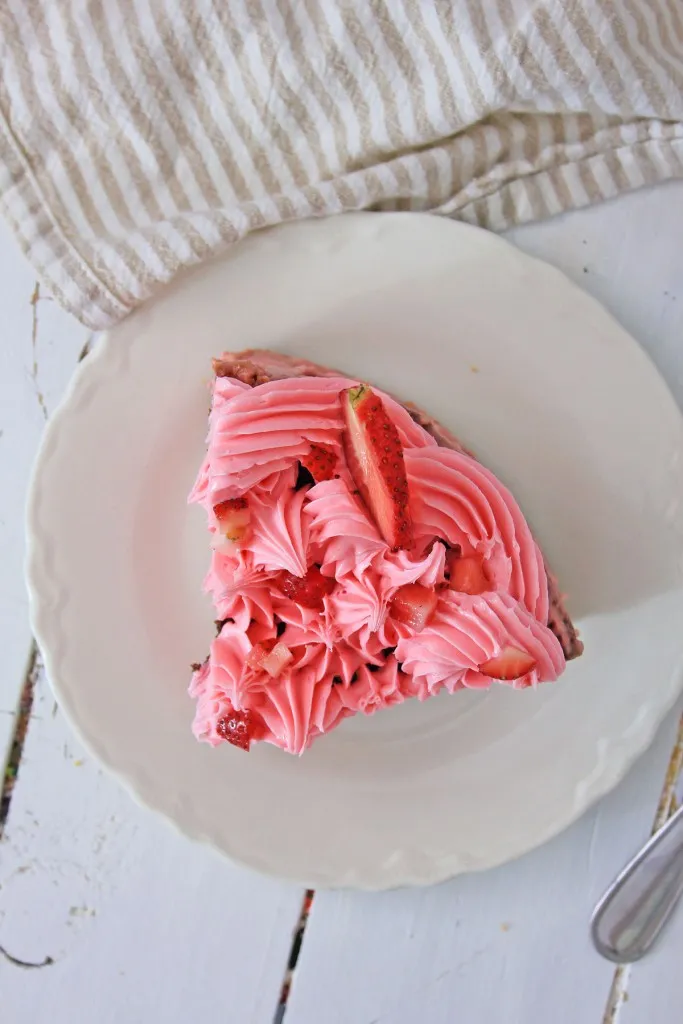 overhead shot of a slice of air fryer strawberry cheesecake