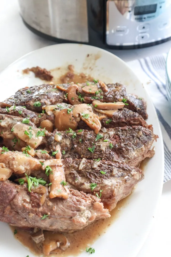 plate full of pot roast with mushrooms