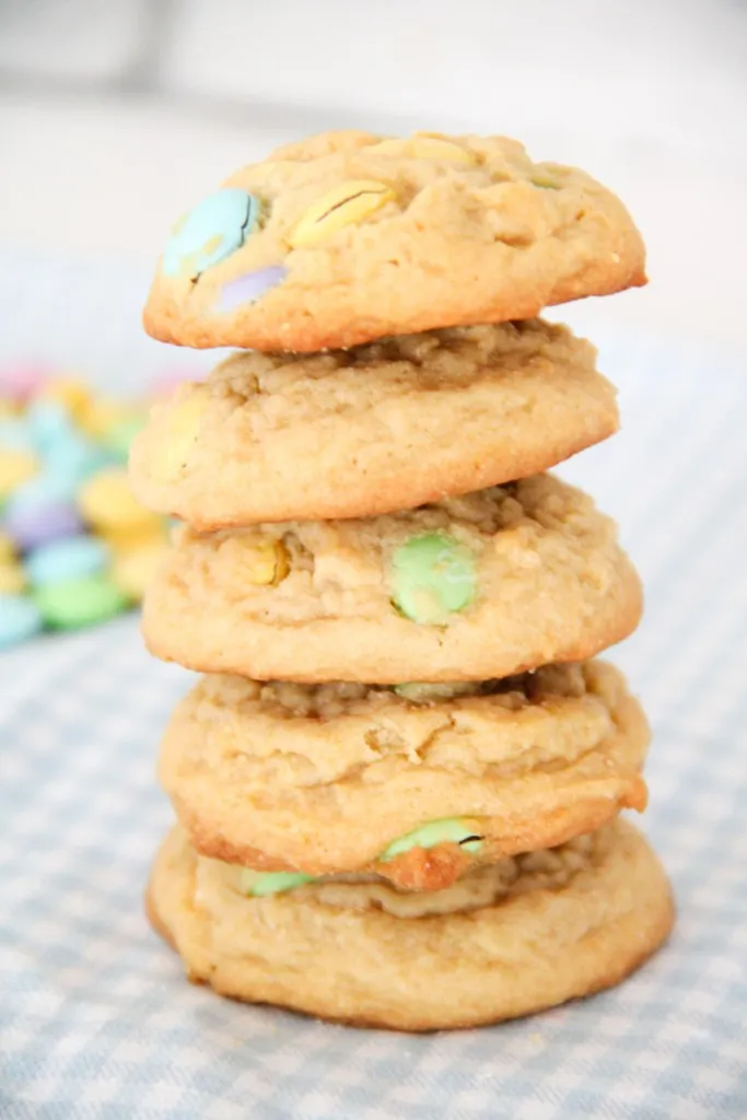 close view of easter m and m cookies with pastel M&M candies