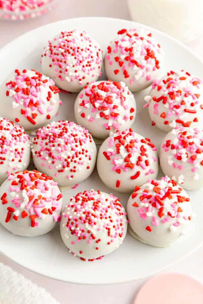 overhead closeup view of multi-colored white chocolate red velvet truffles