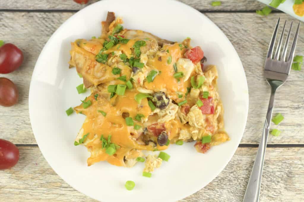 overhead view of an easy to make chicken taco casserole recipe