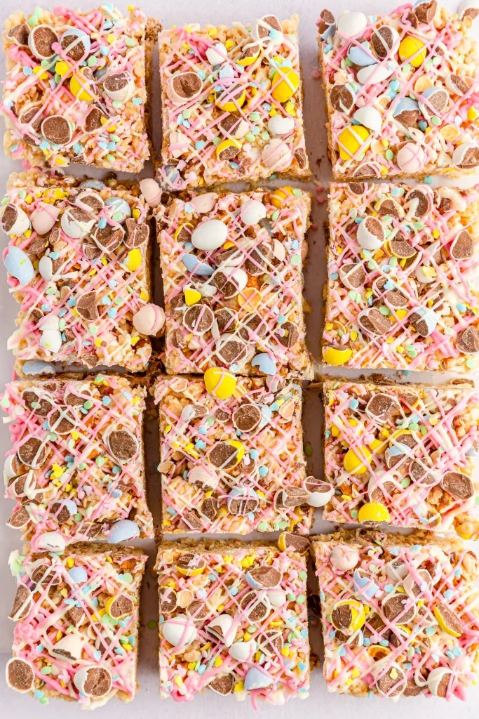 Cadbury Mini Egg Rice Krispies Treats overhead shot of cut up into square pieces