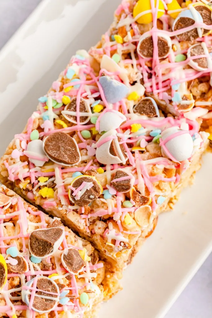 close up over head shot of easter rice krispies treats squares
