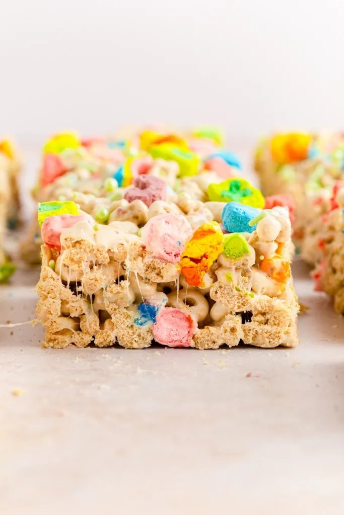 close up show of a lucky charms marshmallow dessert bar 