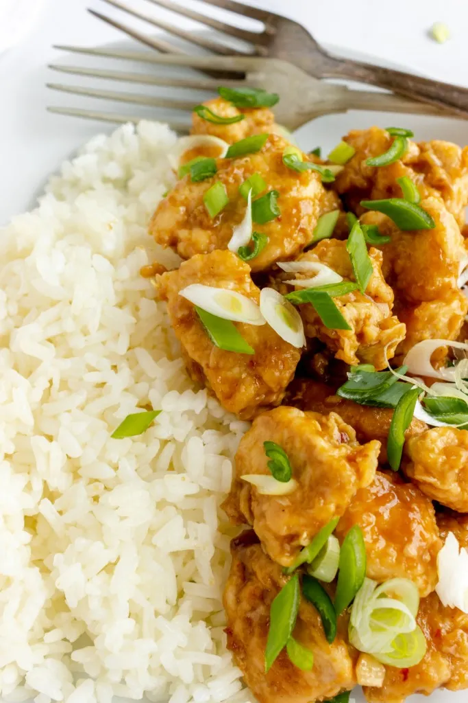 extra close up view of homemade copycat panda express orange chicken with cooked rice and diced green onions.