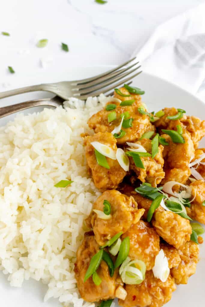 close up view of homemade orange chicken with cooked rice and diced green onions. 