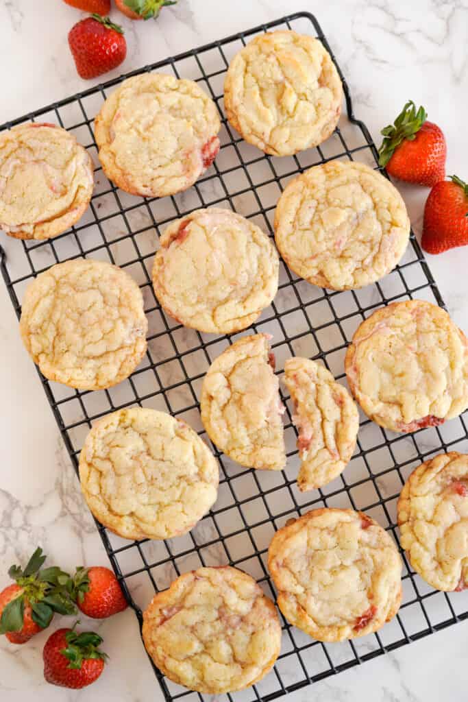 strawberry cheesecake cookies on a cooling wire wrack
