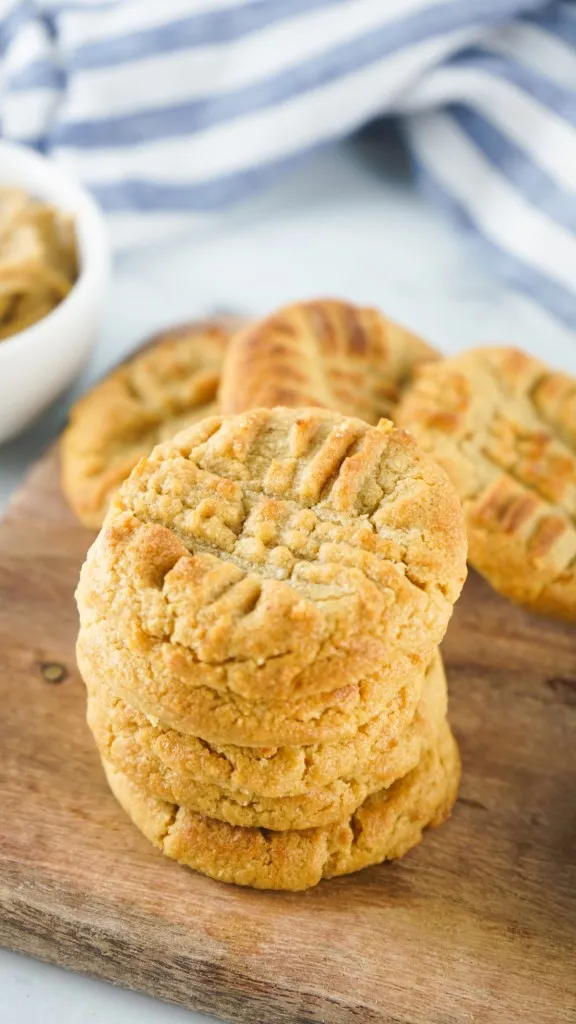 overhead view of stacked 3 ingredient peanut butter cookies made in the air fryer