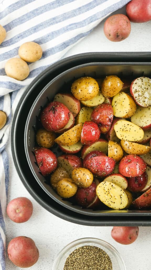 red and white potatoes seasoned and and roasted in the air fryer