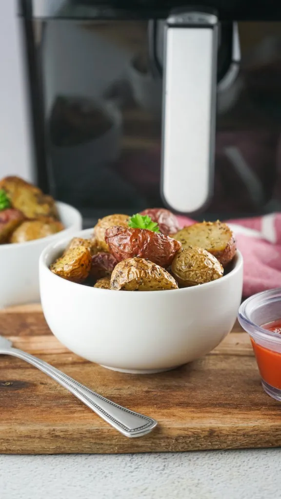 2 dishes of air fryer roasted potatoes in front of an air fry machine