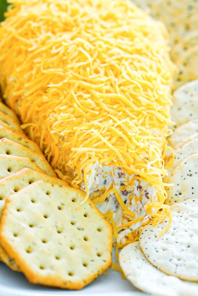 cracker dipped in carrot bacon cheese ball