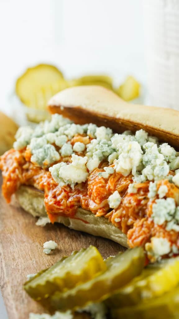 side view of slow cooker buffalo chicken sub recipe