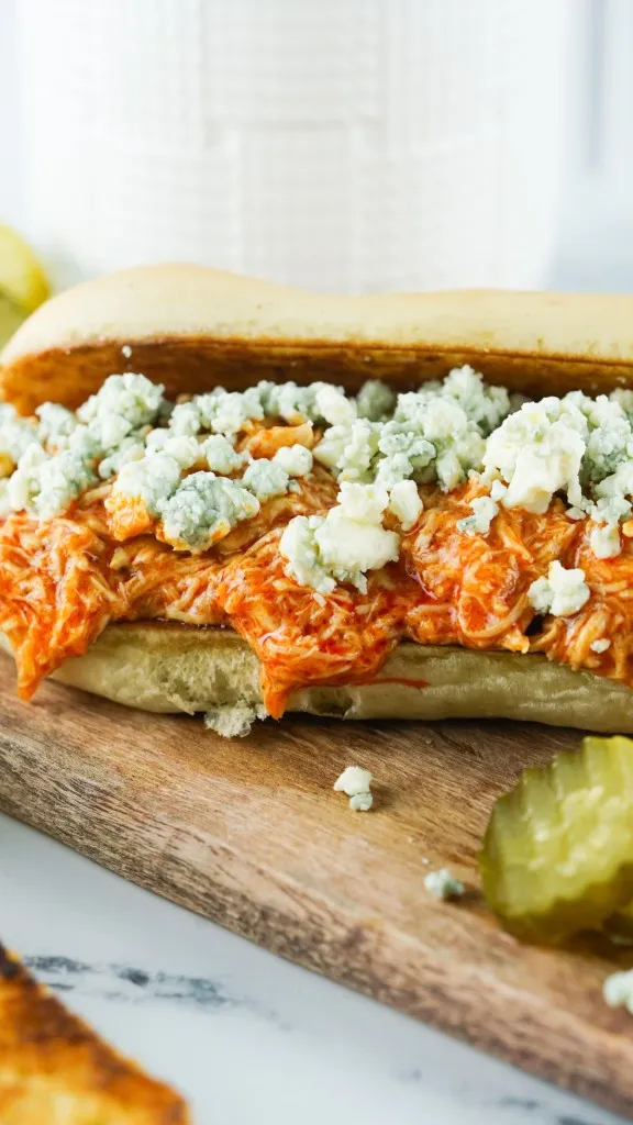 close up view of a slow cooker buffalo chicken sub with crumbled bleu cheese and pickles on a wooden board