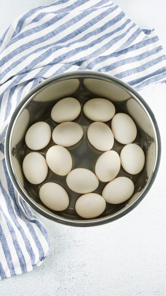 white eggs in an instant pot liner with a white and blue napkin from  5 5 5 method