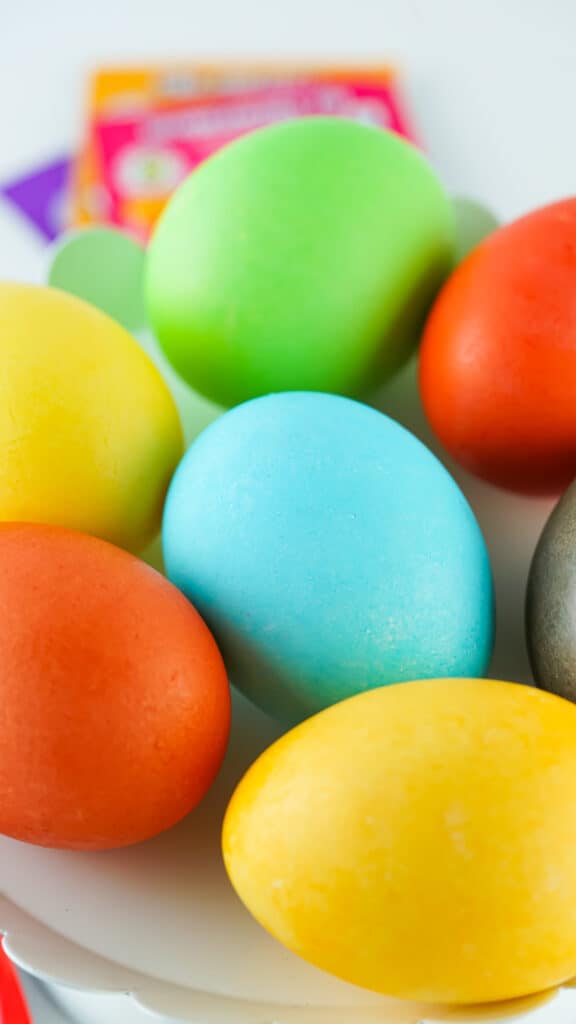 overhead shot of multicolored kool aid dyed easter eggs