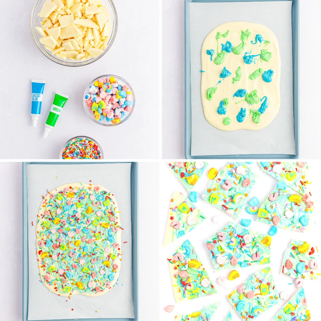 step by step process of how to make lucky charms bark with white chocolate and rainbow marshmallows