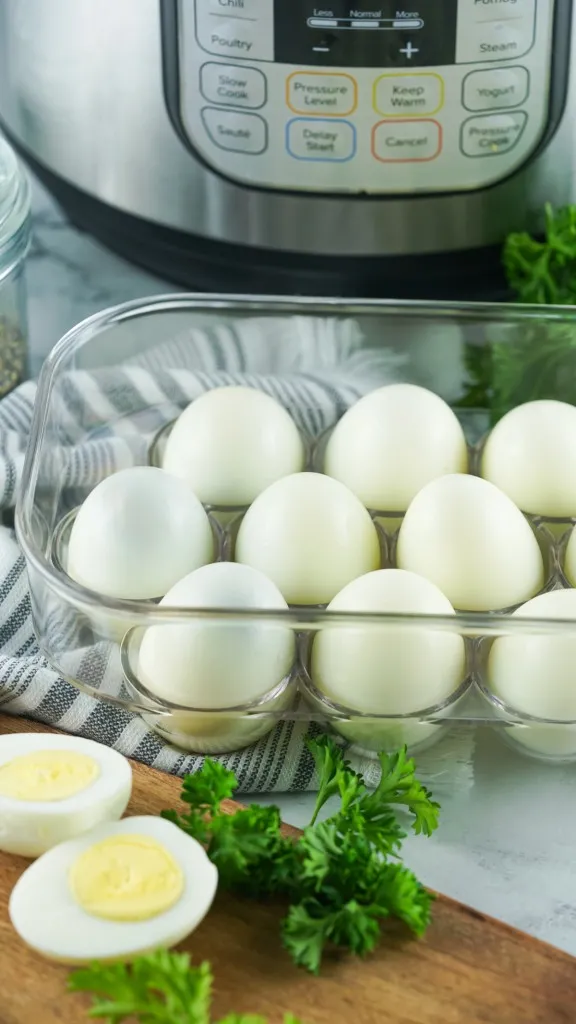 instant pot hard boiled eggs in a plastic container
