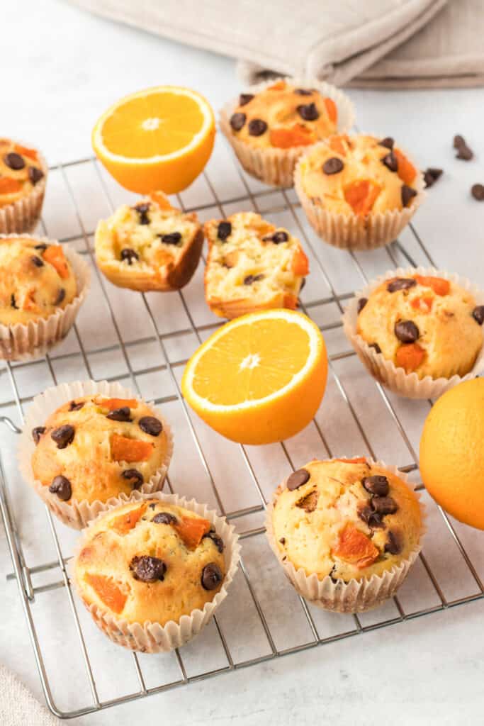 orange chocolate chip muffins on a wire wrack with sliced oranges