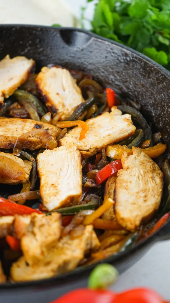 One pan chicken fajitas recipe that was created in a cast iron skillet.
