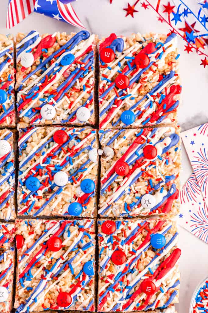 squared edge area with 4th of july rice krispie treats with patriotic decorations