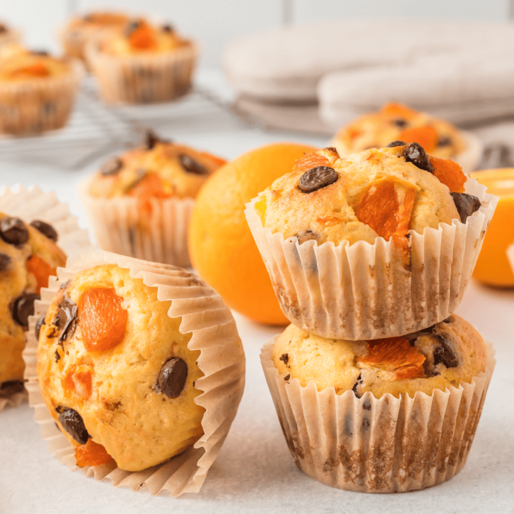 fresh made orange chocolate chip muffins scattered and stacked