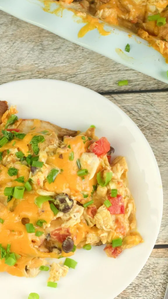 main overhead image of an easy to make southwestern inspired chicken tacoc casserole