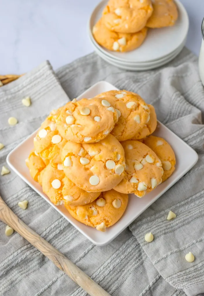 Stacked orange creamsicle cookies on a white plate, extra orange cookies on white serving plate, grey kitchen cloth on a white marble countertop.