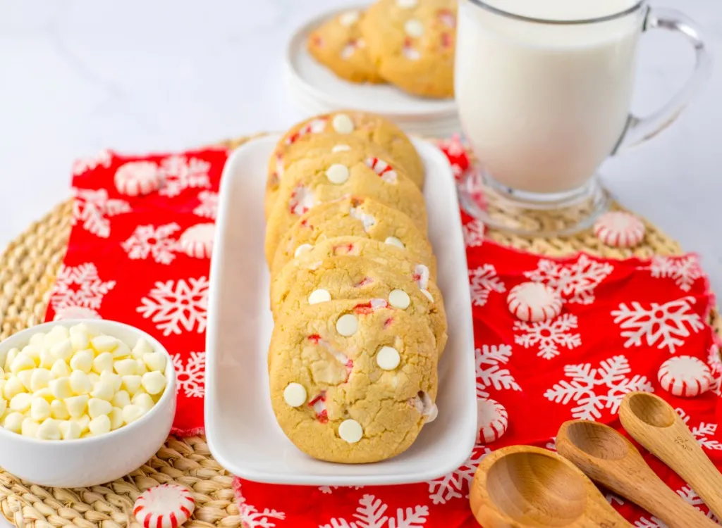 White chocolate peppermint cookies on a white tray.