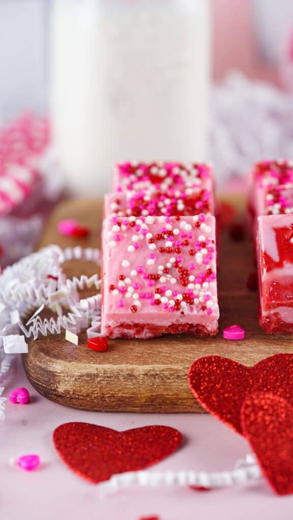 Valentine's fudge on a wooden board with decoration.