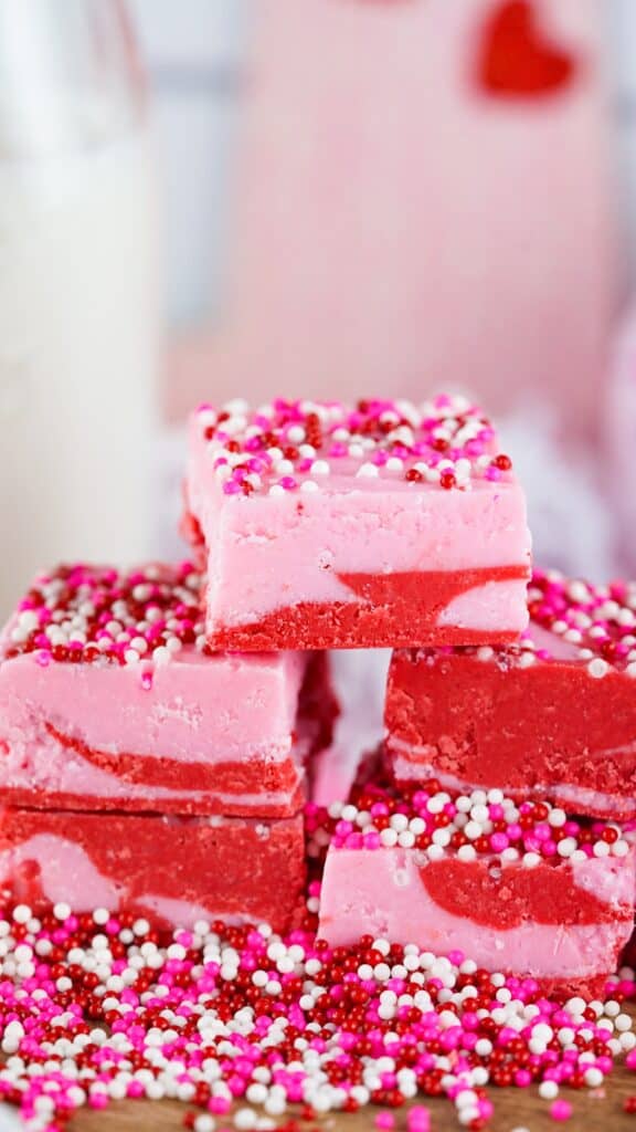 side view of red and strawberry chocolate fudge