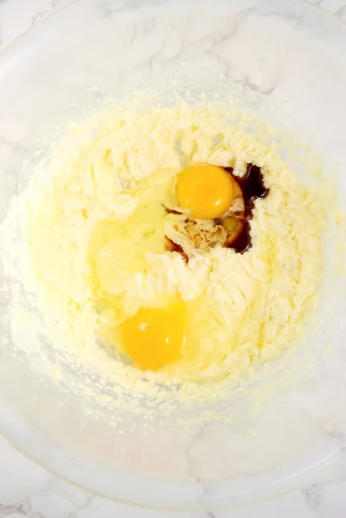 Glass mixing bowl with whoopie pie dough ingredients.