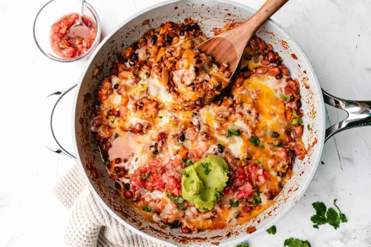 Mexican beef and rice in a skillet.