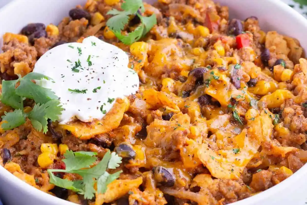Beef taco skillet in a pan.