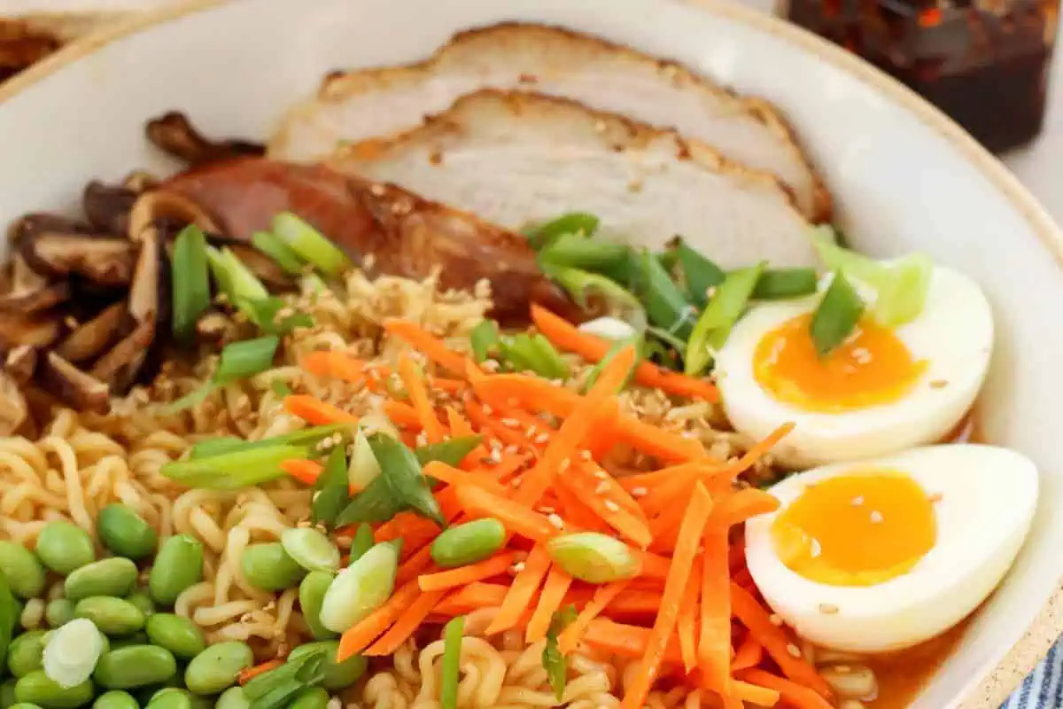 Turkey ramen in a bowl with eggs.