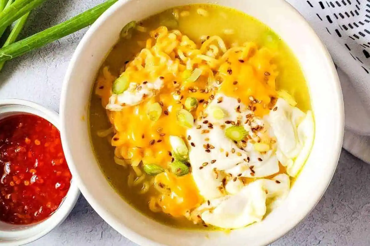 Cheesy ramen in a bowl.