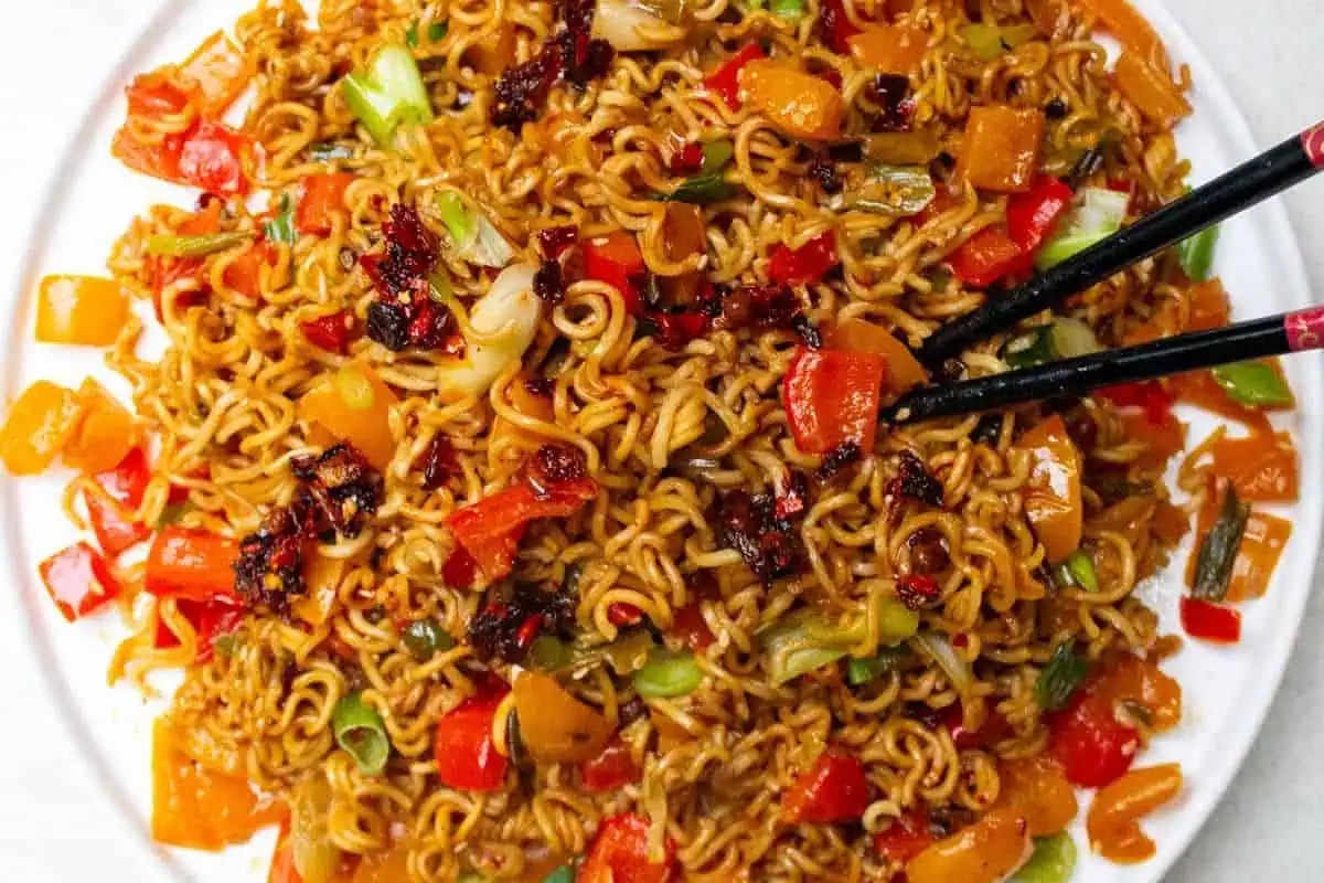 Spicy ramen on a plate.