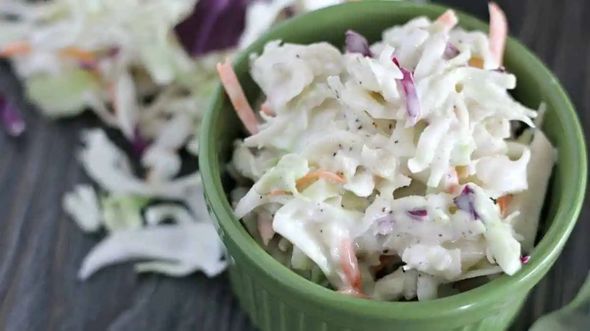 A bowl of creamy coleslaw.