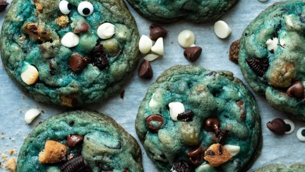Blue cookies with candy eyes, resembling the cookie monster.