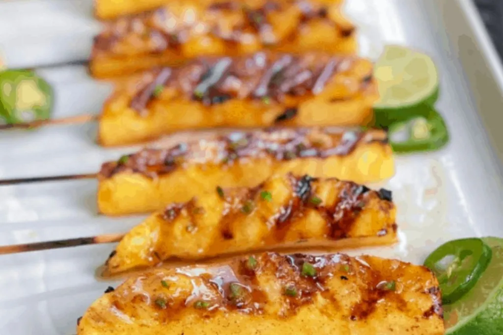 A tray of grilled pineapple skewers with honey glaze.